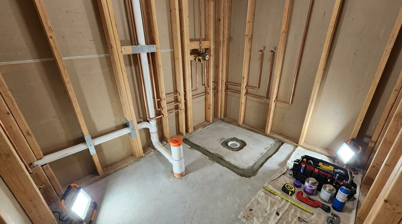 Bathroom rough-in plumbing during remodel by Johns Plumbing LLC in Laporte