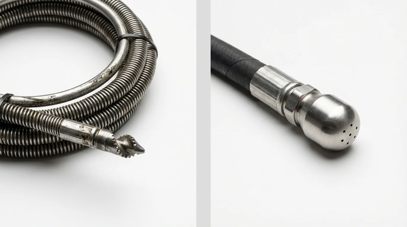 Drain snake cable and hydro jetting nozzle used for drain cleaning in Laporte, CO