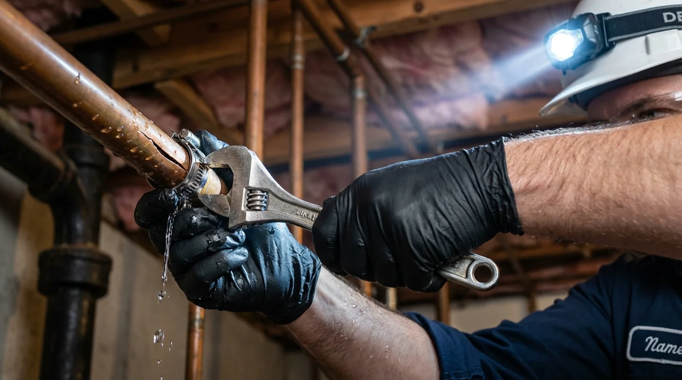 Emergency pipe clamp repair being performed by a Johns Plumbing LLC plumber in Laporte