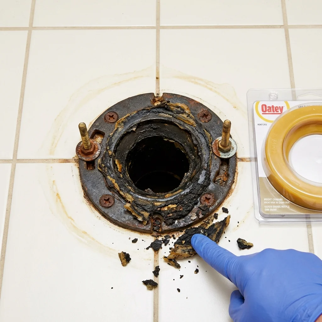 Failed wax ring showing water seepage at the base of a toilet in a Laporte, CO home