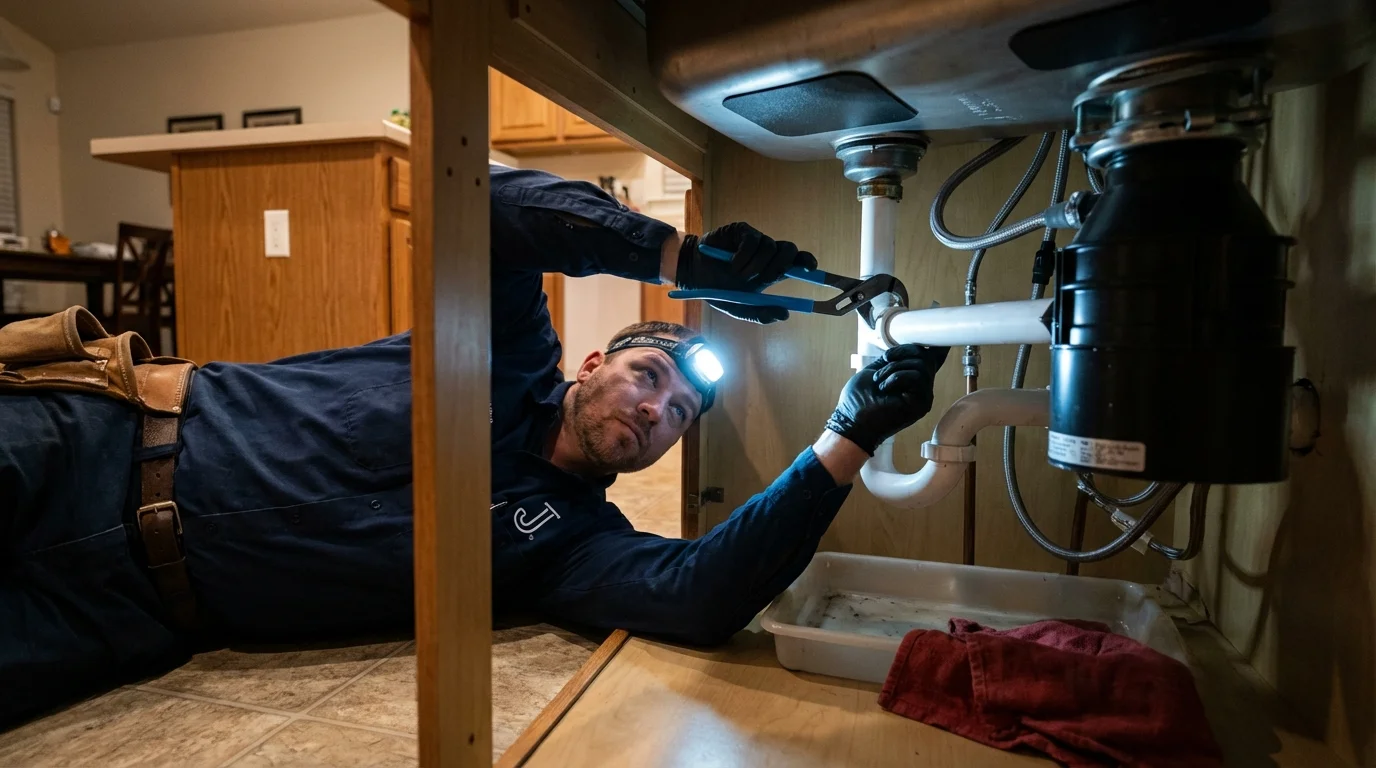 P-trap and supply line connections under a kitchen sink showing a common leak point in Laporte, CO
